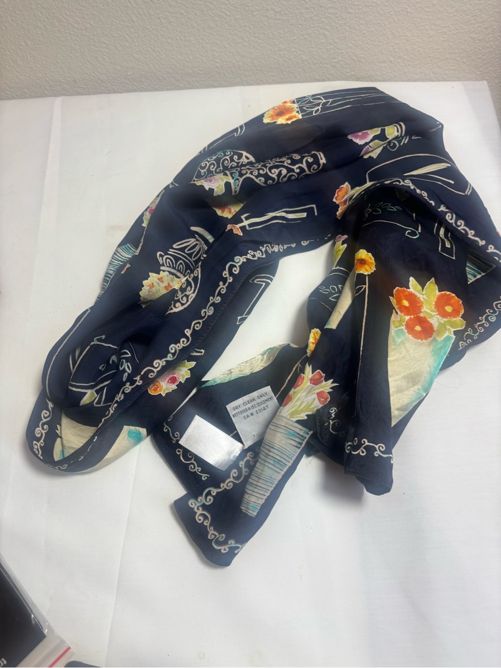 Talbots Black Floral Silk Scarf with Orange & Cream Accents